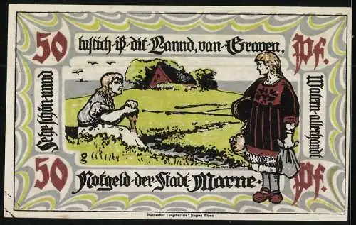 Notgeld Marne 1922, 50 Pfennig, Boot auf stürmischer See, Bauern auf dem Feld