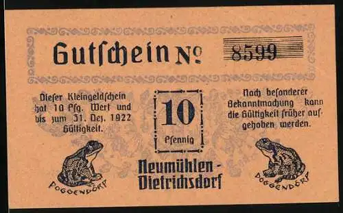 Notgeld Neumühlen-Dietrichsdorf 1922, 10 Pfennig, Frösche