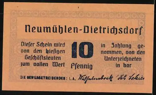 Notgeld Neumühlen-Dietrichsdorf 1922, 10 Pfennig, Frösche