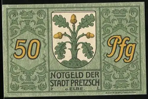 Notgeld Pretzsch a. Elbe 1921, 50 Pfennig, Wappen und Blick zum Schloss