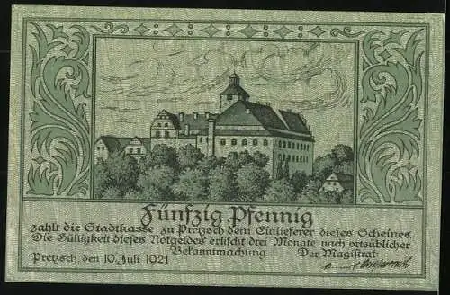 Notgeld Pretzsch a. Elbe 1921, 50 Pfennig, Wappen und Blick zum Schloss