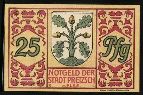 Notgeld Pretzsch a. Elbe 1921, 25 Pfennig, Wappen und Blick zum Schloss