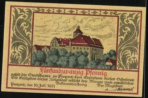 Notgeld Pretzsch a. Elbe 1921, 25 Pfennig, Wappen und Blick zum Schloss