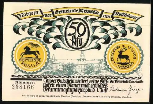 Notgeld Rossla am Kyffhäuser 1921, 50 Pfennig, Barbarossasage: Sein Bart ist nicht von Flachse, Er ist von Feuersglut