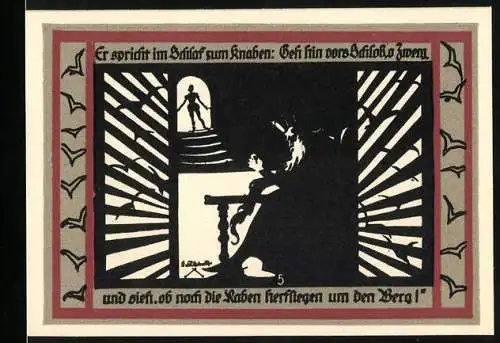 Notgeld Rossla am Kyffhäuser 1921, 50 Pfennig, Barbarossa spricht im Schlaf zum Knaben: Geh hin vors Schloss, o Zwerg ...