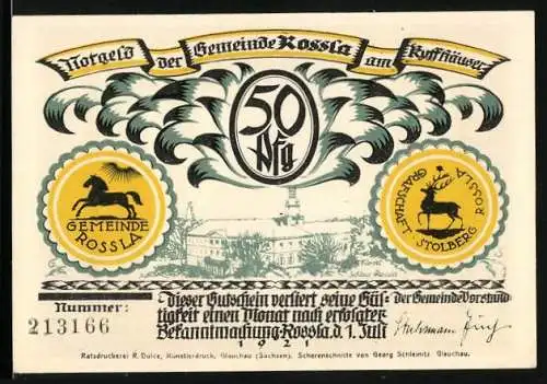 Notgeld Rossla am Kyffhäuser 1921, 50 Pfennig, Barbarossasage: Der Stuhl ist ern, Darauf der Kaiser sitzt ....