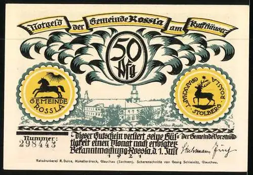 Notgeld Rossla am Kyffhäuser 1921, 50 Pfennig, Barbarossasage: Und wenn die alten Raben noch fliegen immerdar, ...