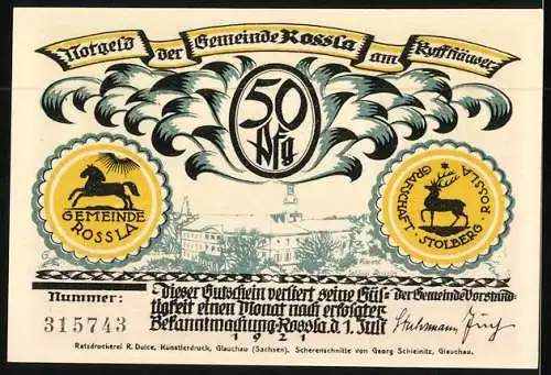 Notgeld Rossla am Kyffhäuser 1921, 50 Pfennig, Barbarossasage: Der alte Barbarossa Der Kaiser Friederich Im ....