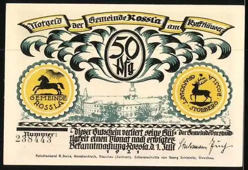 Notgeld Rossla am Kyffhäuser 1921, 50 Pfennig, Barbarossasage: Sein Bart ist nicht von Flachse, Er ist von Feuersglut...