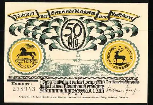 Notgeld Rossla am Kyffhäuser 1921, 50 Pfennig, Barbarossasage: Er spricht im Schlaf zum Knaben: Geh hin vors Schloss....