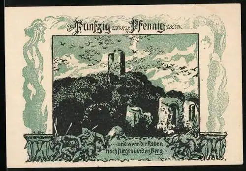 Notgeld Frankenhausen am Kyffhäuser 1921, 50 Pfennig, Raben fliegen um den Kyffhäuser