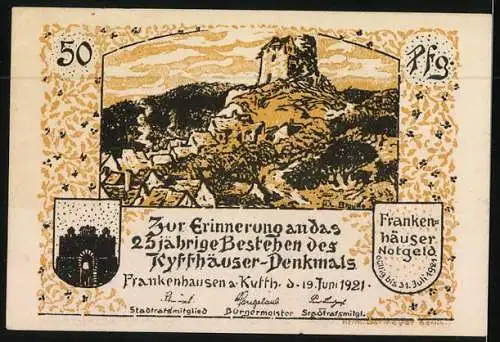 Notgeld Frankenhausen am Kyffhäuser 1921, 50 Pfennig, Raben fliegen um den Kyffhäuser