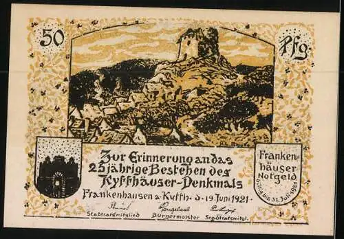 Notgeld Frankenhausen am Kyffhäuser 1921, 50 Pfennig, Barbarossa muss noch schalfen...Kyffhäuser einst u. jetzt