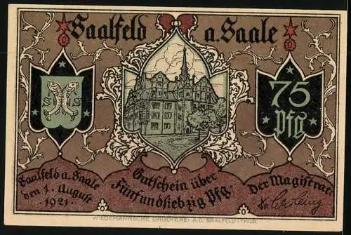 Notgeld Saalfeld a. Saale 1921, 75 Pfennig, Empfang von Emigranten auf dem Markt, Wappen