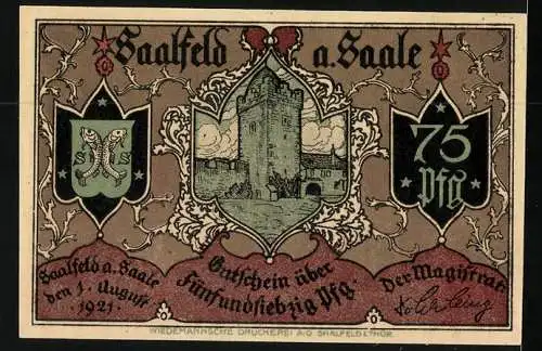 Notgeld Saalfeld a. Saale 1921, 75 Pfennig, Strassenpartie mit Postkutsche, Wappen