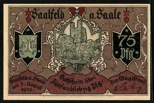 Notgeld Saalfeld a. Saale 1921, 75 Pfennig, Sturm auf das Benediktinerkloster, Wappen