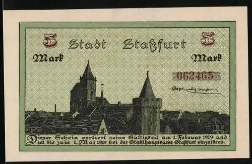 Notgeld Stassfurt 1918, 5 Mark, Ortsansicht, Kali-Bergbau