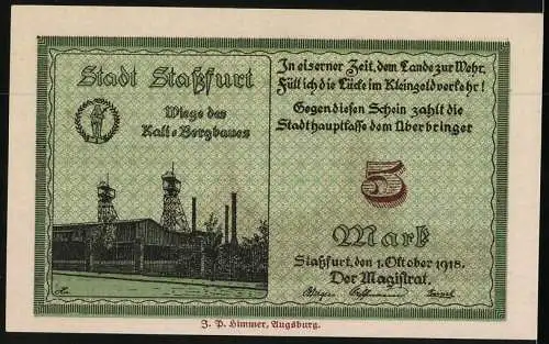 Notgeld Stassfurt 1918, 5 Mark, Ortsansicht, Kali-Bergbau