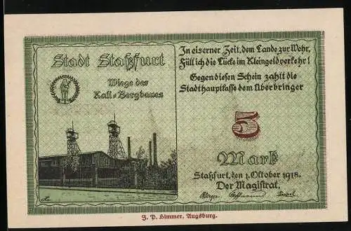 Notgeld Stassfurt 1918, 5 Mark, Ortsansicht, Kali-Bergbau