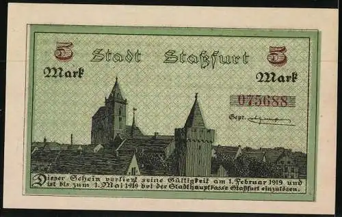 Notgeld Stassfurt 1918, 5 Mark, Ortsansicht, Kali-Bergbau