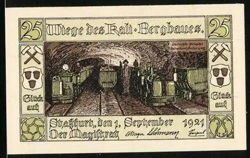 Notgeld Stassfurt 1921, 25 Pfennig, Wiege des Kali-Bergbaues, Streckenförderung im Berlepsch-Schacht