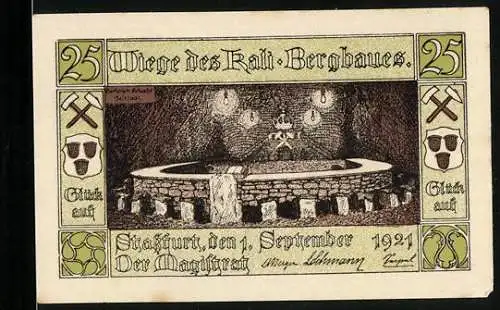 Notgeld Stassfurt 1921, 25 Pfennig, Wiege des Kali-Bergbaues, Festsaal im Berlepsch-Schacht