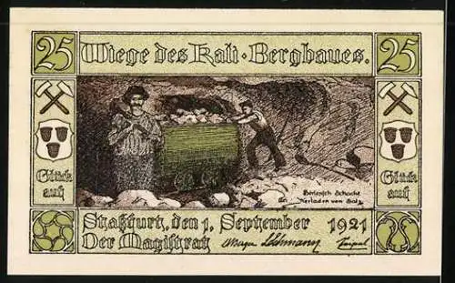 Notgeld Stassfurt 1921, 25 Pfennig, Wiege des Kali-Bergbaues, Verladen von Salz im Berlepsch-Schacht