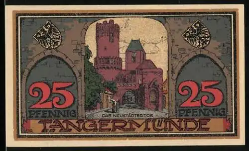Notgeld Tangermünde 1921, 25 Pfennig, Das Neustädter Tor und Wappen