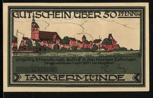Notgeld Tangermünde 1921, 50 Pfennig, Ortsansicht und Altes Rathaus, Wappen