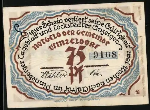 Notgeld Winzeldorf, 75 Pfennig, Bauer mit Pflug