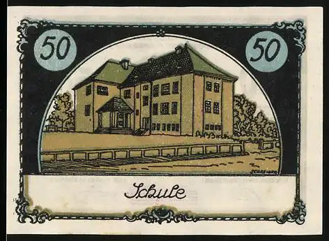 Notgeld Tangstedt, 50 Pfennig, Schule, zwei Bäume