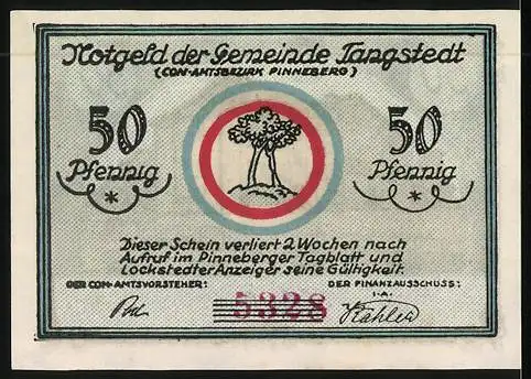 Notgeld Tangstedt, 50 Pfennig, Schule, zwei Bäume