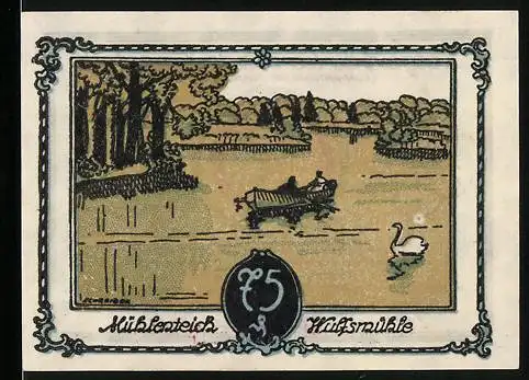 Notgeld Tangstedt, 75 Pfennig, Mühlenteich Wulfsmühle mit Schwan und Ruderboot