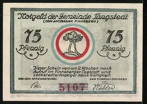 Notgeld Tangstedt, 75 Pfennig, Mühlenteich Wulfsmühle mit Schwan und Ruderboot