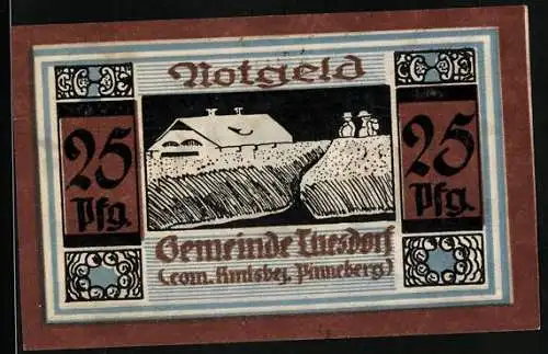 Notgeld Thesdorf, 25 Pfennig, Bauernhaus beim Getreidefeld