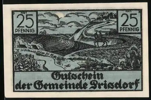 Notgeld Prisdorf, 25 Pfennig, Mann auf dem Pferd reitet zum Ort