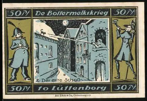 Notgeld Lütjenburg 1921, 50 Pfennig, De Bottermelkskrieg, Der erste Schuss, Stadtwappen