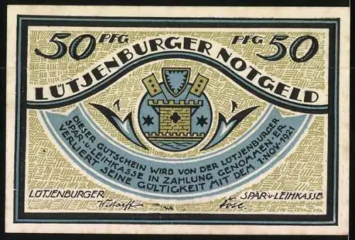 Notgeld Lütjenburg 1921, 50 Pfennig, De Bottermelkskrieg, Der erste Schuss, Stadtwappen