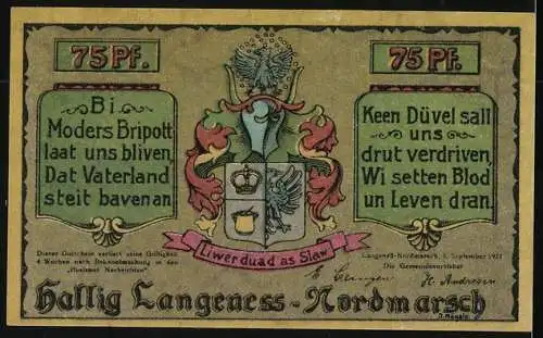 Notgeld Langeness-Nordmarsch 1921, 75 Pfennig, Wappen, Mann schwingt deutsche Reichsflagge