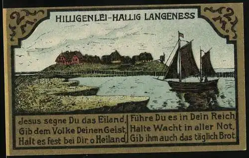 Notgeld Langeness-Nordmarsch 1921, 2 Mark, Hilligenlei-Hallig Langeness und geografische Ansicht
