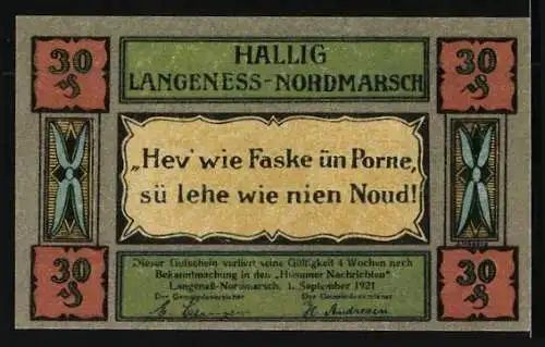 Notgeld Langeness-Nordmarsch 1921, 30 Pfennig, Fischer beim Keschern