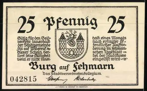 Notgeld Burg auf Fehmarn, 25 Pfennig, Bildnis der Nerthus-Sage, Wappen