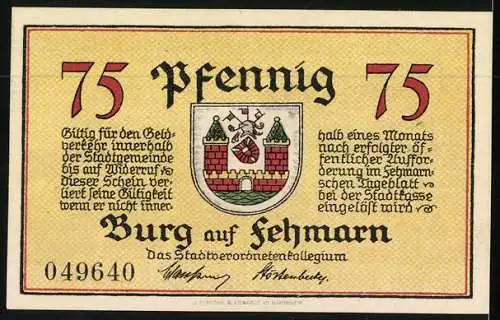Notgeld Burg auf Fehmarn, 75 Pfennig, König Erich erobert 1420 Fehmarn, Wappen