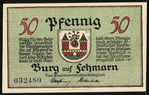 Notgeld Burg auf Fehmarn, 50 Pfennig, Pflug auf dem Acker mit Ortsblick, Wappen