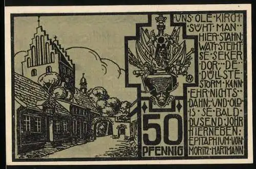 Notgeld Heiligenhafen 1923, 50 Pfennig, Strassenpartie an der Kirche, Wappen