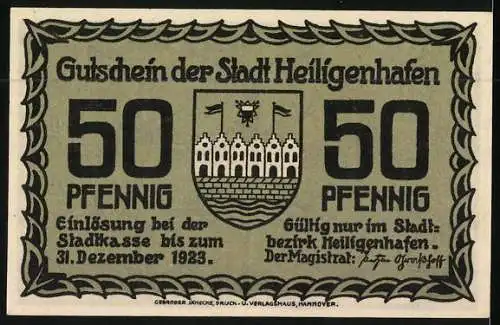 Notgeld Heiligenhafen 1923, 50 Pfennig, Strassenpartie an der Kirche, Wappen