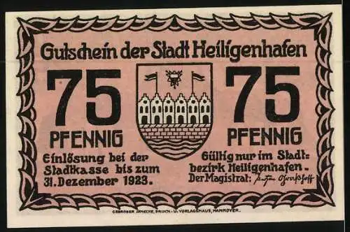 Notgeld Heiligenhafen 1923, 75 Pfennig, Blick aufs alte Rathaus, Wappen