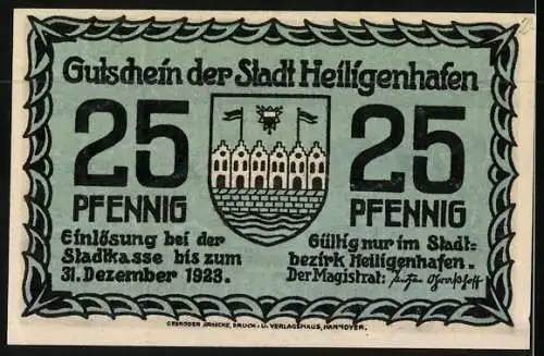 Notgeld Heiligenhafen 1923, 25 Pfennig, Landwirtschaft und Fischerei, Wappen