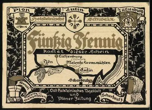 Notgeld Scharbeutz, 50 Pfennig, Kammer a. d. Ostsee, Wappen von Orten der Holsteinischen Schweiz