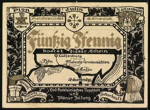 Notgeld Malente-Gremsmühlen, 50 Pfennig, Uglei See, Wappen von Orten der Holsteinischen Schweiz